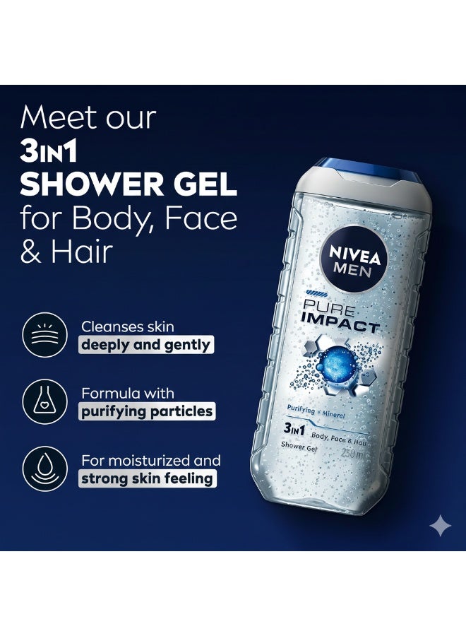 NIVEA MEN Pure Impact 3in1 Shower Gel Body Wash, Deep Cleansing, 250ml Pack of 3 - Image 2